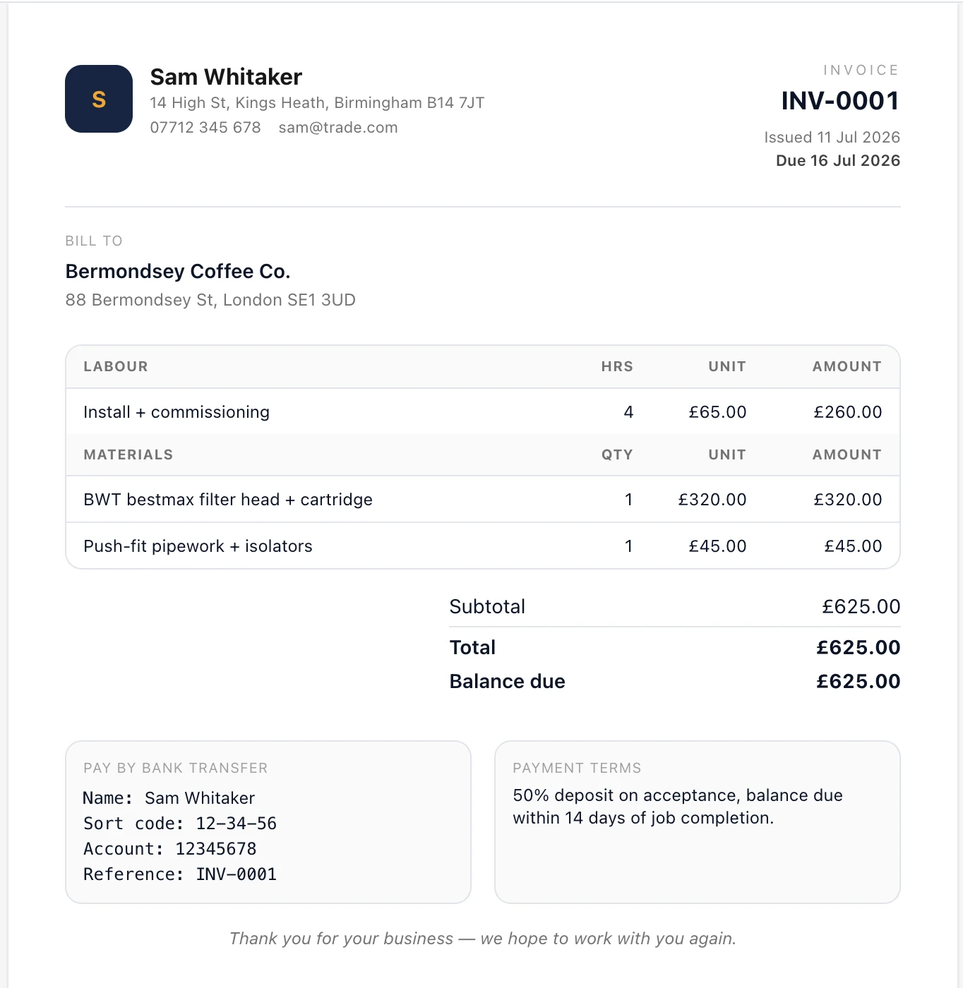 Sample TradePing invoice with labour and materials line items, subtotal, and bank transfer details