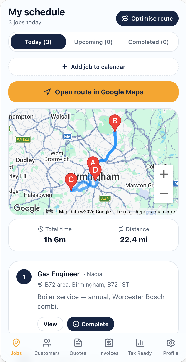 TradePing route optimiser showing three jobs sequenced A, B, C, D across Birmingham with total time and distance